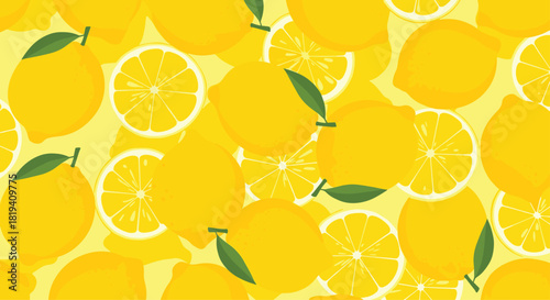 A bright and vibrant background filled with whole yellow lemons and lemon slices creating a fresh and juicy pattern.