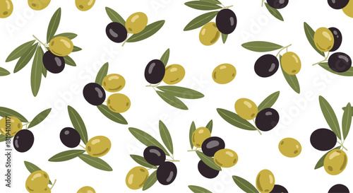 A seamless pattern of green and black olives on branches with leaves scattered across a simple white background design.