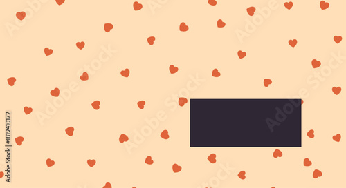 A cute background pattern of small red hearts on a peach background with a dark rectangular box for text or a logo.