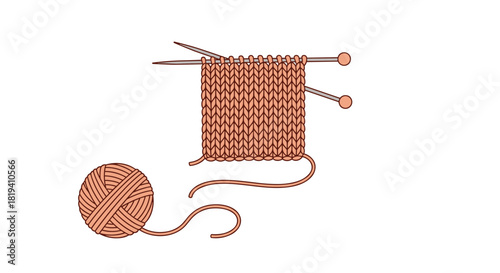 A simple colored drawing of a knitting project on two needles with a ball of pink yarn next to it illustration design.