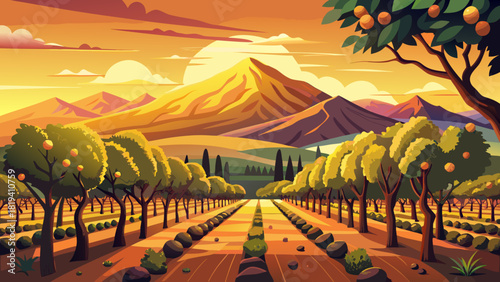 Very beautiful golden sunset over a Hood River pear orchard in Oregon, with warm light illuminating rows of trees, gentle hills, and the distant silhouette of a majestic peak.