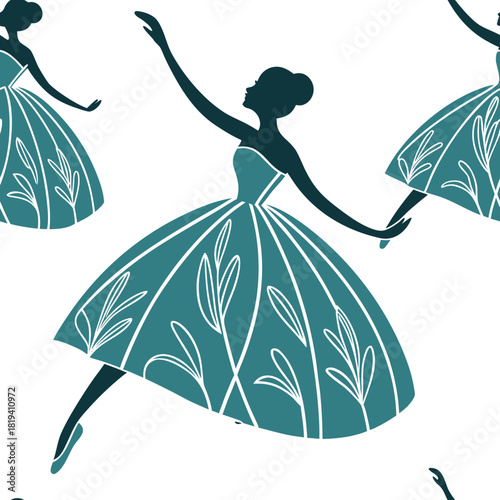 Elegant ballerinas in teal dresses with floral patterns