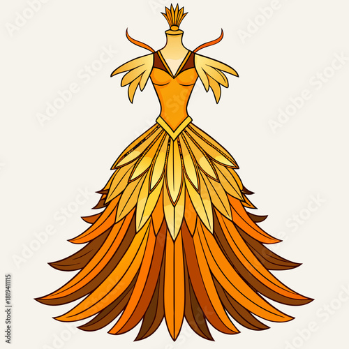 Exquisite golden feather gown with crown detail