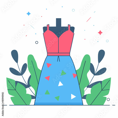 Fashionable dress displayed on a mannequin with botanical accents