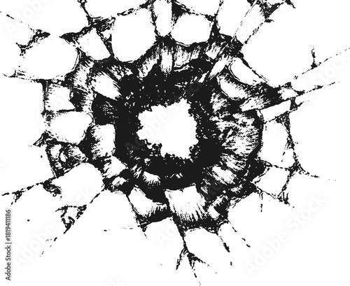 Vector cracked glass with bullet hole and radial shattered effect. Abstract pattern of broken fragments creates dynamic energy burst for design or comic backgrounds.