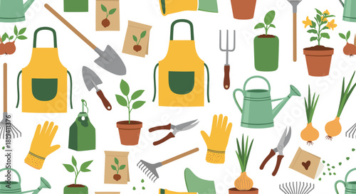 A seamless pattern background of various colorful gardening tools and equipment like aprons gloves shovels and potted plants.