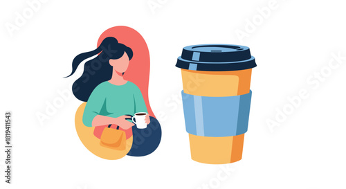 A set of two modern flat illustrations featuring a stylish woman holding a coffee cup and a separate paper coffee to-go cup.