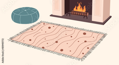 A cozy and warm living room corner with a crackling fireplace a comfy patterned rug and a round blue ottoman illustration.