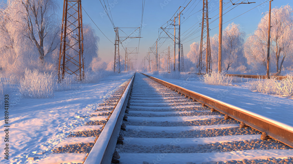 Fototapeta premium railway tracks in winter landscape on sunny day animation