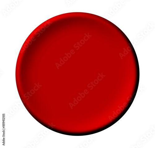 A vibrant red circular button with a subtle three-dimensional effect on a white background.