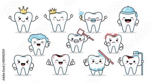 A large collection of cute cartoon teeth characters showing different emotions and dental hygiene situations like brushing and decay.