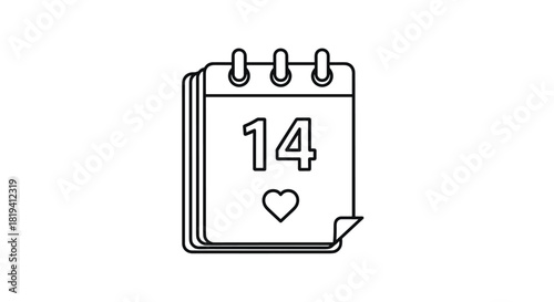 A simple black outline drawing of a calendar page displaying the number 14 and a heart icon representing Valentine's Day.