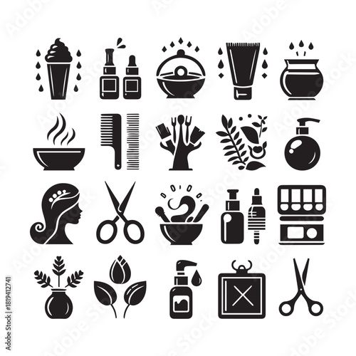 “Cosmetic Tools Illustration – Makeup Brushes, Scissors & Salon Elements”