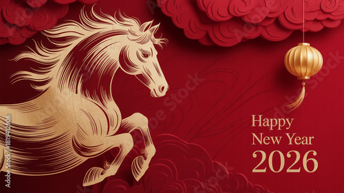 Luxury gold horse silhouette,  new year 2026 card, red textured background, lantern glow, calligraphy style, premium vector, trending minimalist design.