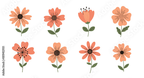 A delightful collection of eight charming cartoon-style orange and peach flowers with green leaves on a pristine white background perfect for spring.