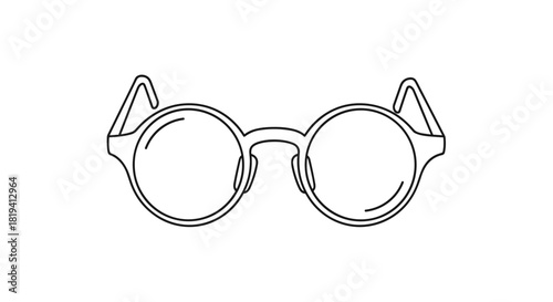 A clean and simple black outline drawing showcases a classic pair of round eyeglasses with thin frames on a crisp white background.