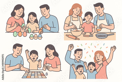 Vector icons of families painting eggs cooking playing games and celebrating together pastel flat design white background