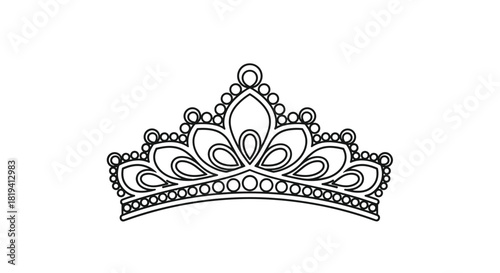 An elegant black outline illustration of an ornate royal tiara adorned with graceful swirls and delicate dots on a pristine white background.
