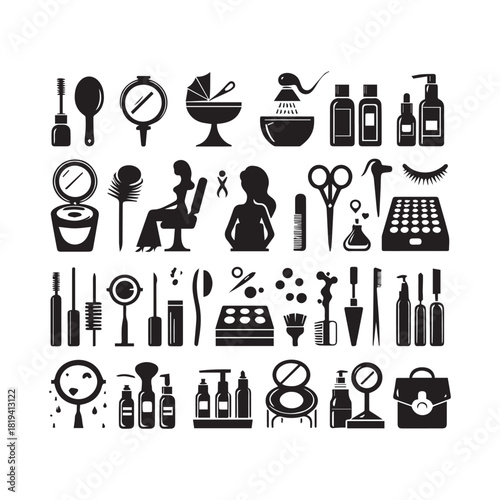 “Cosmetic Tools Illustration – Makeup Brushes, Scissors & Salon Elements”