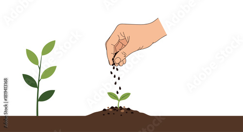 A hand is depicted planting seeds into rich soil next to a tiny sprout symbolizing new life and growth with a larger plant nearby.