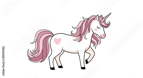A charming white unicorn with a flowing pink mane and tail featuring a distinctive pink horn and a small heart on its side.