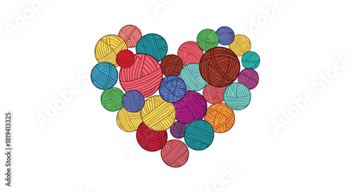 A charming heart shape is artfully formed by a multitude of colorful yarn balls in various hues creating a vibrant and comforting visual.