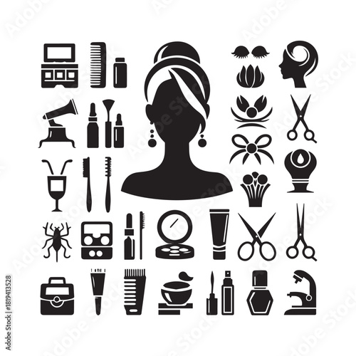 “Cosmetic Tools Illustration – Makeup Brushes, Scissors & Salon Elements”