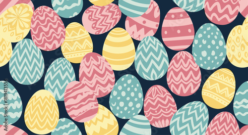 A festive seamless pattern showcases a delightful array of colorful Easter eggs adorned with various decorative designs in soft pastel hues.
