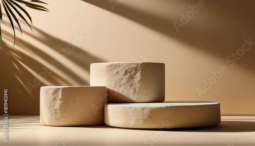 Natural Beige Background Featuring Three Textured Stone Podiums In Varying Heights Casting Soft Shadows Ideal For Showcasing Beauty Products