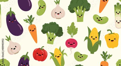 A cheerful seamless pattern presents an assortment of cute cartoon vegetables with happy smiling faces including eggplant carrot and broccoli.