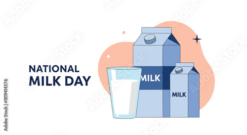 A clear message "NATIONAL MILK DAY" is presented alongside a refreshing glass of milk and two distinct milk cartons in light blue.