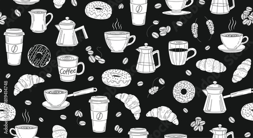 A striking black and white seamless pattern features charming hand-drawn coffee cups pots beans croissants and donuts on a sleek black background.