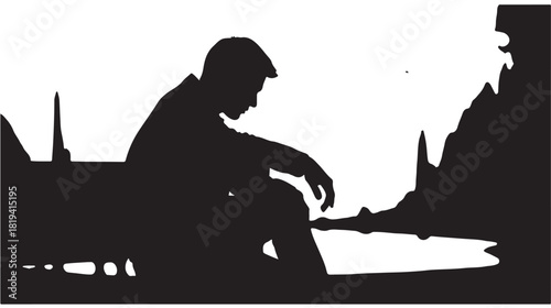 Silhouette of a thoughtful man sitting on a bench vector illustration depicting loneliness and contemplation isolated on white background