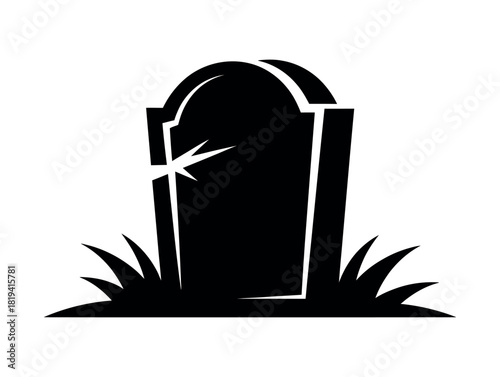 A simple gravestone with a crack stands in grass on a white background.