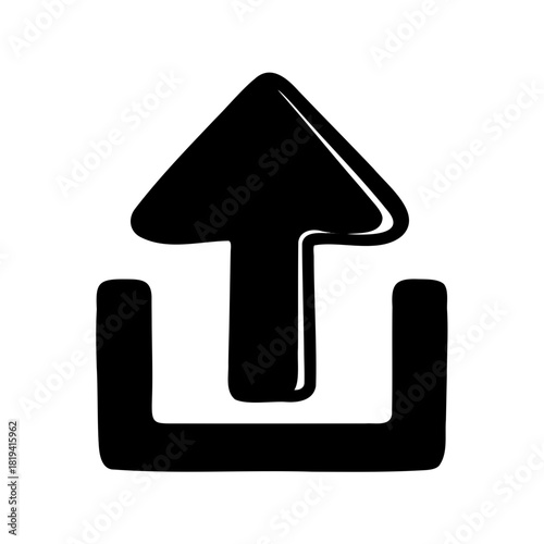 Black and white stylized upload icon with upward pointing arrow symbol
