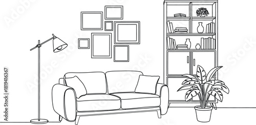 Hand drawn living room interior with sofa and cabinet