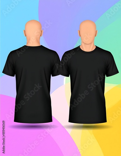 Render of plain black t-shirts on mannequin forms against an abstract background