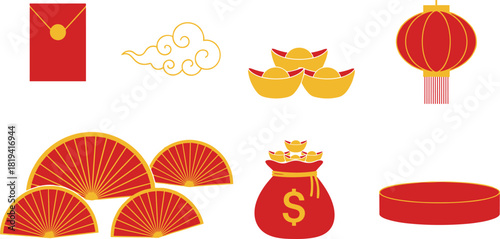 Chinese New Year elements, prosperity symbols, red envelope, gold ingots, lantern, fans, money bag, festive icons, tradition, celebration