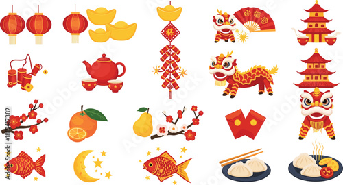 Chinese New Year symbols, festive icons, traditional elements, lanterns, lion dance, red envelope, gold ingot, dumplings, celebration, culture