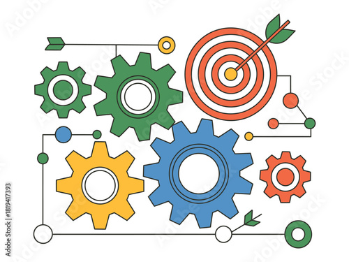 Gears and a target represent the interconnectedness of industry and achieving goals.