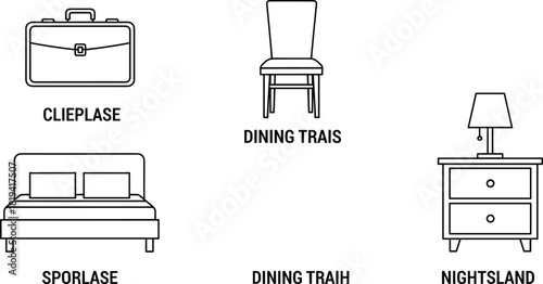 Household item line art, furniture icons, briefcase, dining chair, bed, nightstand, lamp, black and white, sketch, puzzle