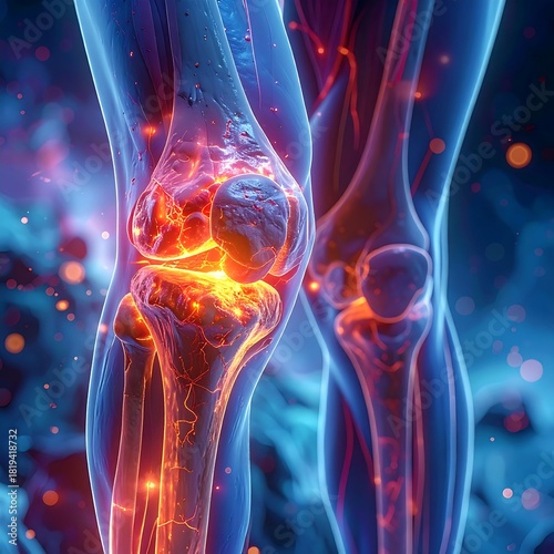 Rendered human knees showing inflammation, overlaid with energy