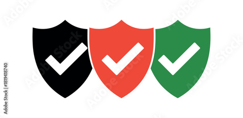 Three shields with checkmarks symbolize security and approval.