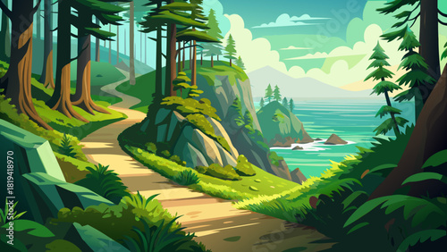 Very beautiful lush green forest trail winding through moss-covered trees near Cape Falcon on the Oregon Coast, with soft coastal light, vibrant foliage, and a serene path leading toward a scenic look