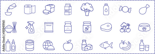 Grocery food and product categories line icon set. Fruits, meat, pasta and beverages. Vector illustration pictograms of snacks, sauces, candy, editable stroke. vector eps file