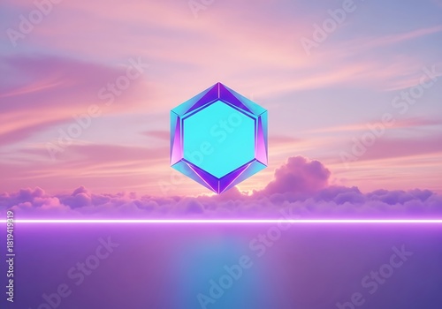 Iridescent Hexagon Frame Floating in Pastel Sky Dreamscape Composition