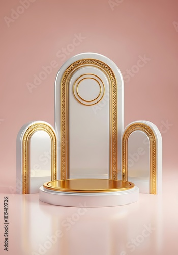 Luxurious display platform showcasing ornate golden arches, for product showcase