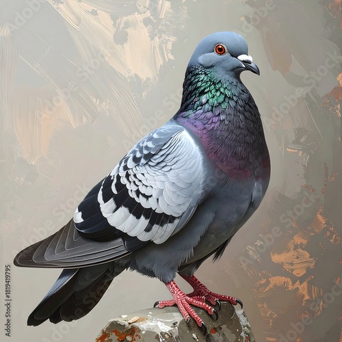 Rendered illustration of a pigeon with iridescent neck feathers, detailed plumage
