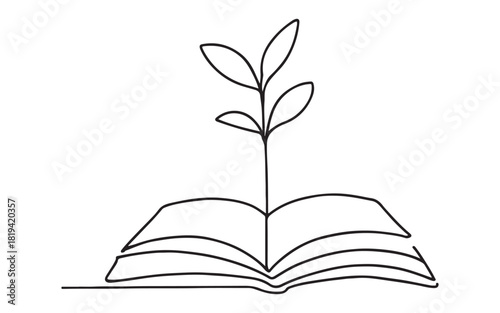 Continuous line drawing of a plant growing from an open book