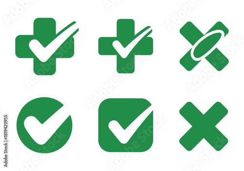 Collection of green checkmark and cross symbols representing options and decisions.